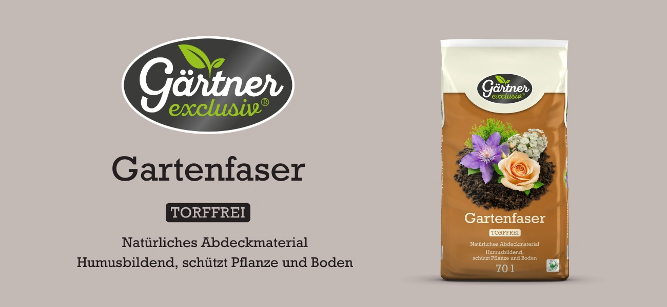 Gärtner exclusiv® Gartenfaser, natürliches hochwertiges, vielseitiges Mulchmaterial Abdeckmaterial, torrfrei, Premiummarke, erhältlich bei GBC Österreich